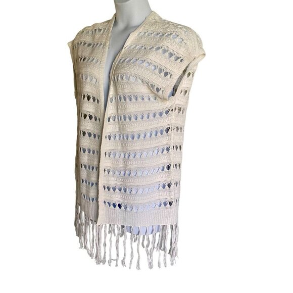 Jolie & Joy White Open Knit Sleeveless Cardigan Tassel Trim Junior's Size Medium - Picture 3 of 7
